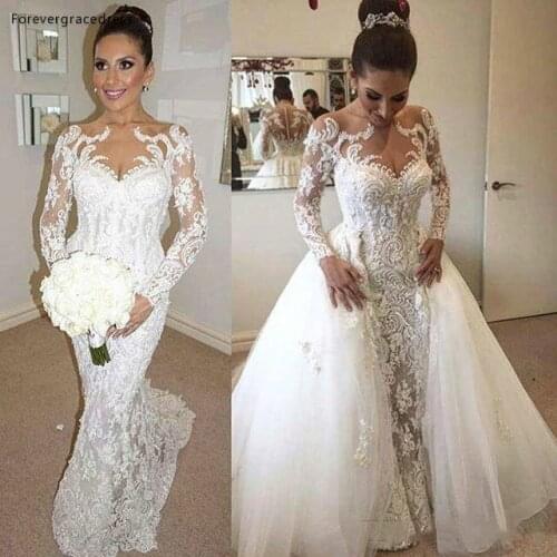 New Arrival Sexy Sheer Long Sleeves Wedding Dress Full White Mermaid Garden Country Church Bride Bridal Gown Custom Made