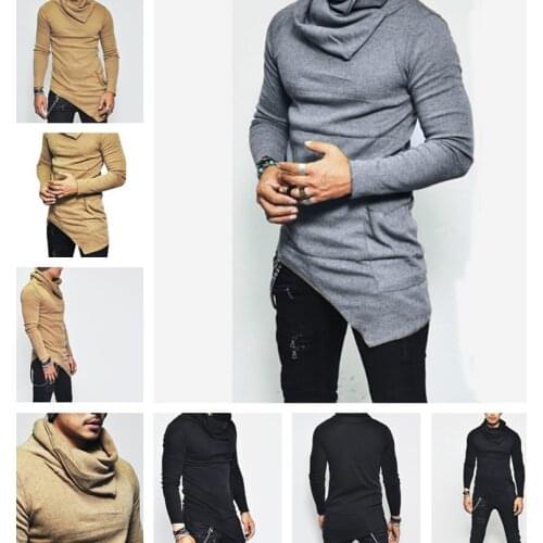 Mens Hoodies Unbalance Hem Pocket Long Sleeve Sweatshirt Men Clothing Autumn Pullover Turtleneck Sweatshirt Tops