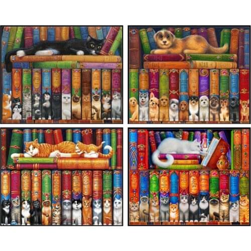 Counted Cross Stitch Kits Needlework Embroidery - Crafts 14 ct Aida DMC Color DIY Handmade Home Decor Dogs Cats - Bookshelf