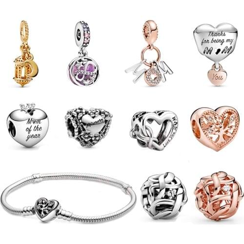 2020 Mothers Day New S925 Mum of the Year, Openwork Flower Heart Mummy, Charm DIY original Suitable for Simple woman jewelry