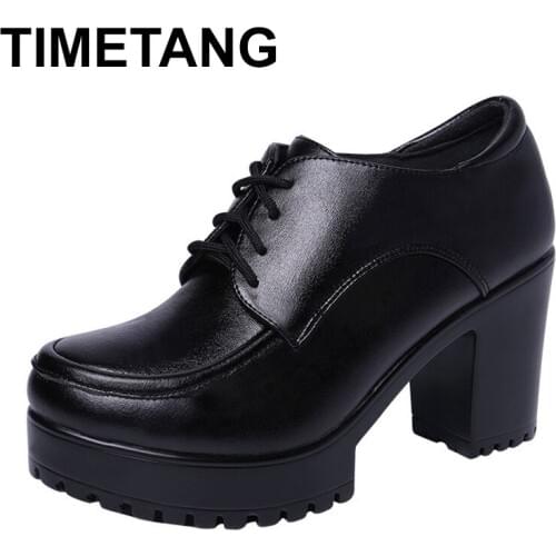 TIMETANGPlus Size Block Heels 35-43 Deep Leather Shoes Pumps Oxford Shoe Women 2019 Autumn Winter High Heels Shoes with Platform