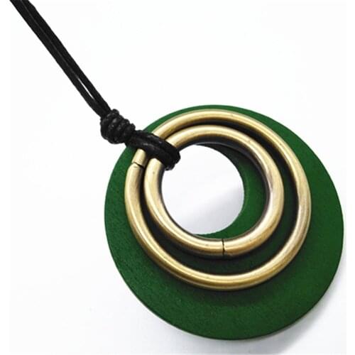 Green Big Circle Fashion Collar VintageLong Leather Wood Pendants Women Necklace Women Sweater Chain Jewelry Black