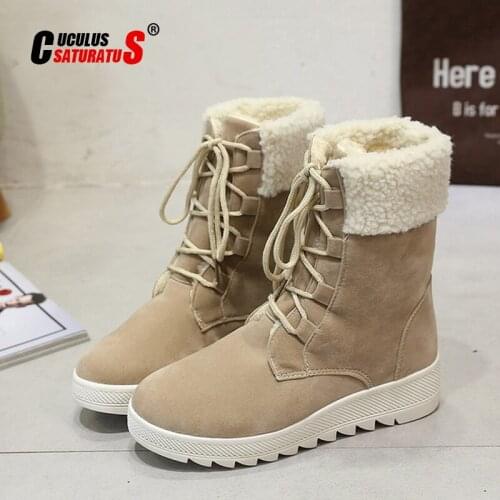 Cuculus 2020 Women Boots Female Plush Snow Boots Fur Warm Platform Ankle Boots Lace-Up Winter Shoes Black Khaki Botas Mujer 1384