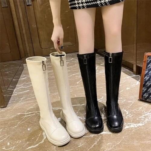 Gothic Designer Front Zipper Knee High Boots For Women Punk Platform Demonia Leather Motorcycle Booties Autumn Winter 2021 New