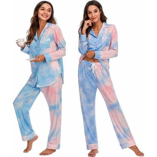 Womens Pajamas Sets Tie-dye Print Cotton Long-sleeved Trousers Sleepwear Drawstring Pants Loose Loungewear Autumn Home Clothes