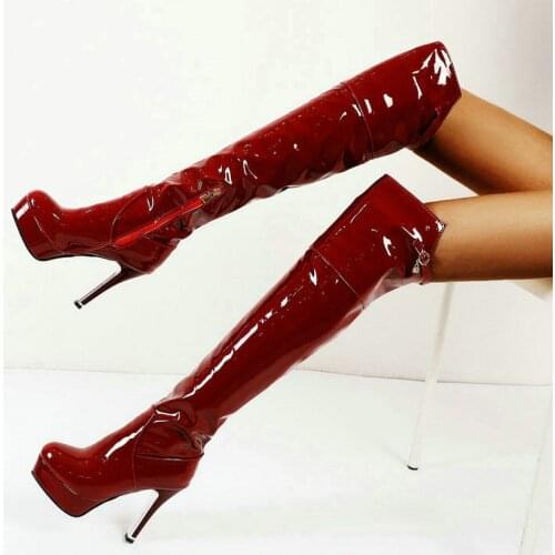 2021 Brand Women Patent Leather Boots Over the Knee Boots Sexy Super High Heels Platform Soles Ladies Autumn Winter Boots Fetish