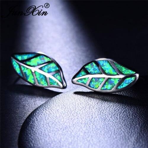 Charm Plant Tree Leaf Stud Earrings For Women Silver Color Green White Blue Green Fire Opal Earrings Wedding Studs Jewelry Gifts