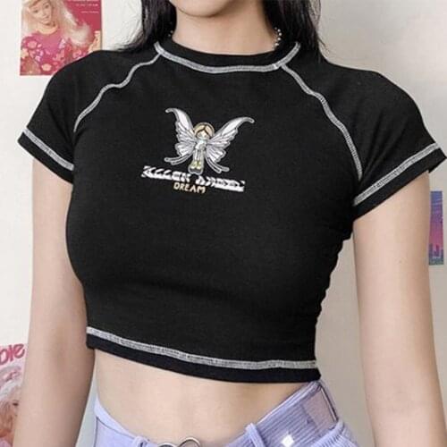Women Butterfly Letter Printing Y2k Fashion Short Top Round Neck Short Sleeve T-Shirt Cropped Top Slim Sexy Soft Solid Color Top