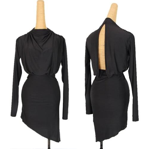 Black Latin Dace Dress Women Long Sleeves Practice Dance Clothes Hollow Backless Adult Rumba Dress Latin Trainng Wear DNV15067