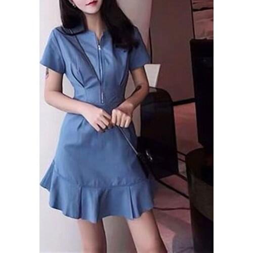 Women Short Sleeve Dress High Waist A-line Fishtail Hem Zipper Mini Dress Harajuku Casual Bodycon Dresses for Daily Wear 2021