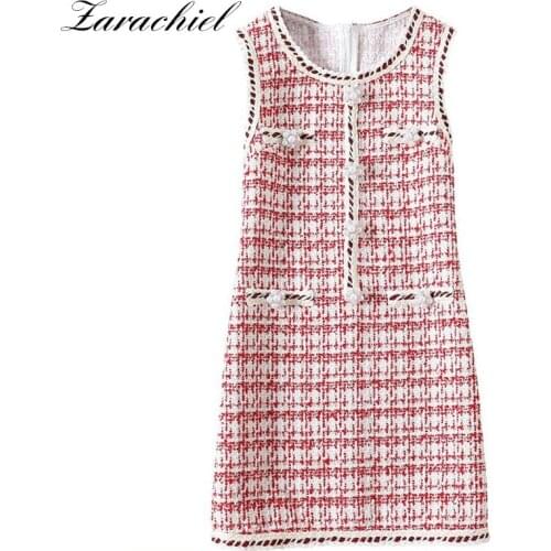 New Fashion 2020 Designer Weave Plaid Wool Tweed Dress Womens Pearls Beading Buttons O Neck Elegant Sleeveless Vest Dress