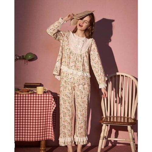 1 Set.Women‘s Lolita Loose Floral Pajama Sets.Vintage Ladies Girls Flowers Pyjamas Set.Cute Home Sleepwear Suit Nightclothes