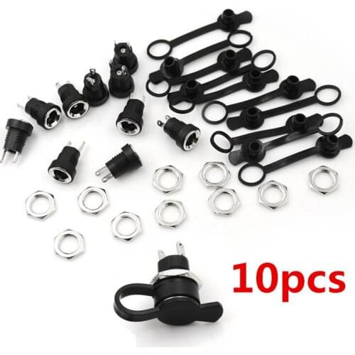 10Pcs/Set Black DC Power Jack Socket Female Panel Mount Connector Plug + Socket + Waterproof Cap 3 Sizes