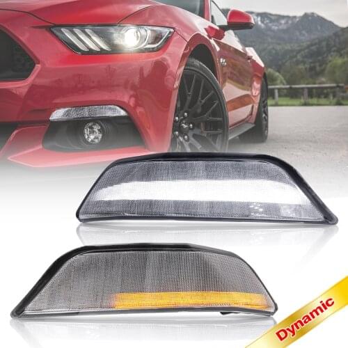2PCS Dynamic Clear Lens Led Front DRL Turn Signal Lights For Ford Mustang Amber+White Replace OEM 2015 2016 2017