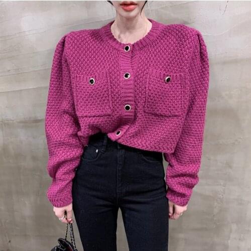 2020 Autumn Fashion Design Women Cardigan Coat Sweater Crochet O-Neck Long Sleeve Vintage Button Knit Cropped Tops