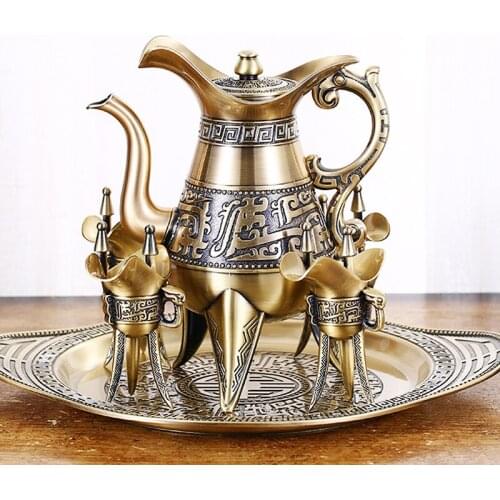 6pcs Luxury Hip Flask Vintage Chinese Style Metal Antique Handmade Hip Flask Set Classic Decantador De Vino Drinkware BD50HF