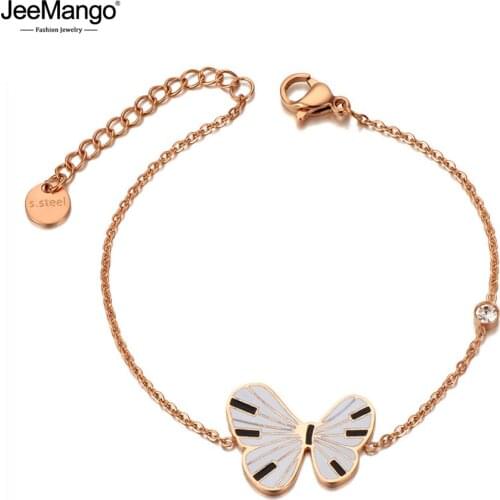 JeeMango Rose Gold Stainless Steel Butterfly Charm Animal Bracelets For Women Trendy CZ Crystal Chain Bohemia Jewelry JB20103