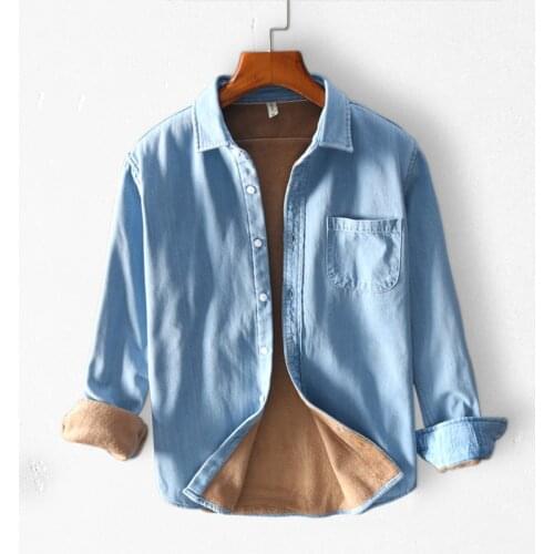 Long Sleeve Denim Shirts for Men Cotton Casual Thicken Keep Warm Blouse Male Autumn Winter New Cowboy Tops Man Vintage Clothing
