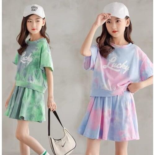 2Pcs Tie dye Summer Big Kids Baby Tall Girls Clothes Tops T-shirt+Skirt for 10 11 12 13 14 15 16 Years Old 150cm 160cm Height