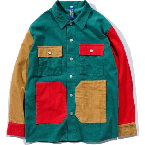 Men Hip Hop Corduroy Jacket Retro Color Block Jacket Shirt Streetwear Harajuku Multi Pockets Jackets Spring Autumn Coats