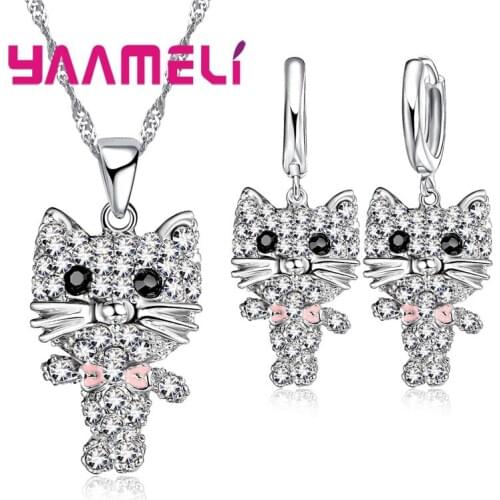 Cute miss Cat Pendant Necklace Earrings Jewelry Set 925 Sterling Silver Full Rhinestone Cute Animal Ball Party Accessory