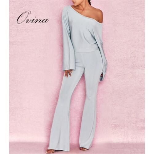 Fashion Women Sets Slash Neck Long Flare Sleeve Tops Flare Pants Bandage Sets High Quality