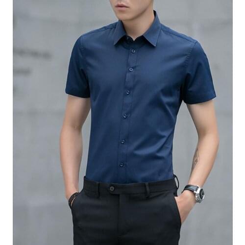 Men Business T-shirt Shirt Lapel Short Sleeve Solid Color Polyester Button Down lapel formal slim Shirt for Daily Wear 2021