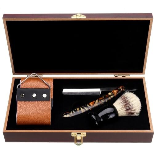 Classic Manual Shaver Set Folding Straight Shaving Razor Shaving Knife + Shaving Brush+ Strop Belt +Wooden Gift Box For Men