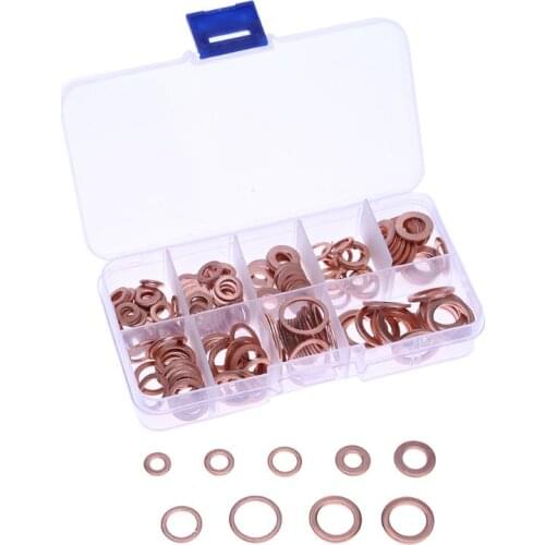 200Pcs Copper Washer Gasket Nut and Bolt Set Flat Ring Seal Assortment Kit With Box M5/M6/M8/M10/M12/M14 Purpose Oil Seal