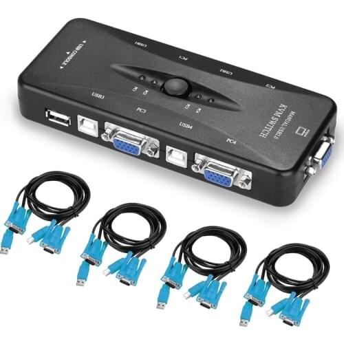USB KVM VGA Switcher, 4 Ports USB 2.0 KVM Switch Box Adapter, One-Button Swapping, 4 VGA Cables Included