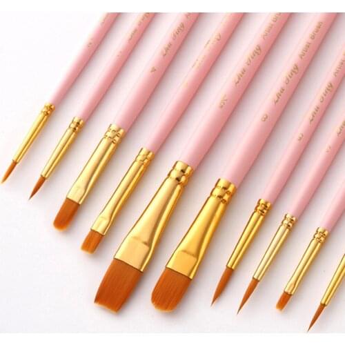 Hot 10Pcs/set Nylon Artist Paint Brush Professional Watercolor Acrylic Wooden Handle Painting Brushes Oil Watercolor Art Supplie