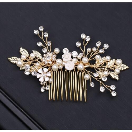 Gold Color Hair Comb And Clips Pearl Rhinestone Wedding Women Hair Jewelry Vintage Handmade Flower Leaves Hair Accessories Gifts