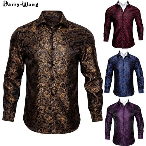 Barry.Wang 3XL Luxury Gold Dress Shirts for Men Silk Paisley Vintage Long Sleeve Slim Four Seasons Casual Party Male Fashion