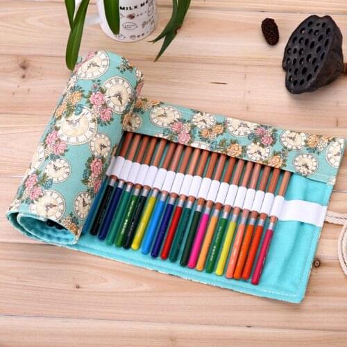 36/48/72 Holes Canvas Roll Up School Pencil Case Floral Clock Art Painting Pen Houlder Bag Pouch School Office Supply Stationery