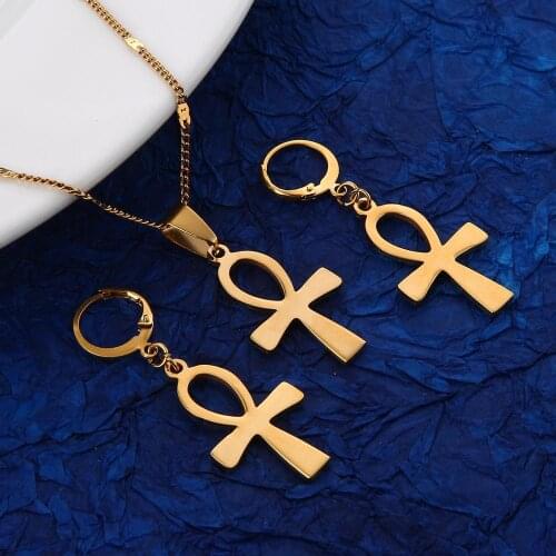 Stainless Steel Egyptian Cross Vintage Jewelry Sets The Key of The Nile Ankh Cross Pendant Necklace Earrings