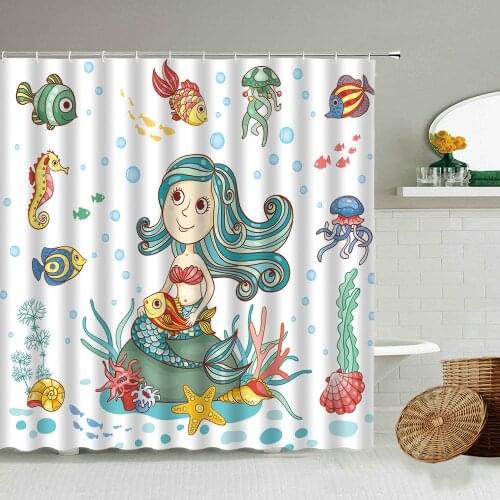 Bathroom Waterproof Shower Curtain Fun Mermaid Cartoon Cute Girl Children Room Accessories Bathtub Partition Screen With Hook