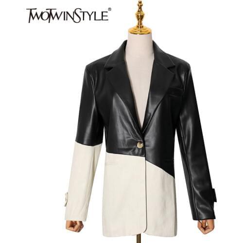TWOTWINSTYLE PU Leather Hit Color Blazer For Women Notched Long Sleeve Casual Blazers Female 2020 Autumn Fashion New Clothing