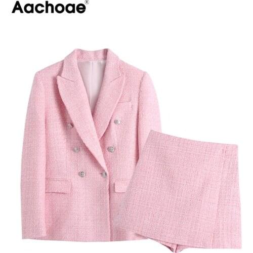Aachoae Chic Women Pink Tweed Suit Blazer Sets 2021 Double Breasted Blazer With High Waist Shorts Office Ladies Outfits Set