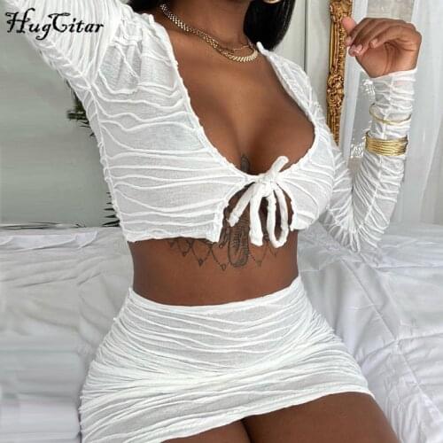 Hugcitar 2020 long sleeve wrapped bandage sexy crop top skirt 2 piece set autumn winter women fashion white tracksuit streetwear