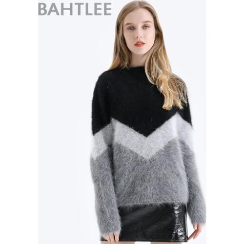 BAHTLEE Autumn Winter Women Angora V-Neck Pullovers Sweater Wool Knitted Geometric Designs Jumper Long Sleeves Loose Style
