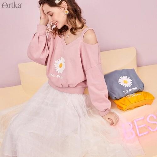 ARTKA 2020 Autumn New 3 Colors Fashion Little Daisy Print Sweatshirt V-Neck Loose Pullover Casual Sweatshirts Women VA25101Q
