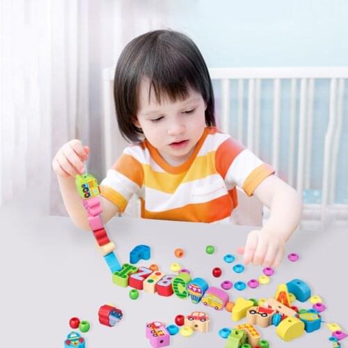 Montessori Wooden Threading Building Blocks Beads Enlightenment Early Educational Toys for Pre-school Kids