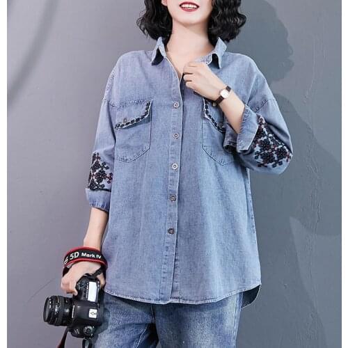 Embroidered Denim Shirt Women Coat Spring Autumn New Single-breasted Loose Lapel Long-sleeved Casual Commuting Casaco Feminino
