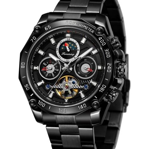 Forsining Black Mens Mechanical Watches Tourbillon Moon Phase Automatic Clock Business Sport Stainless Steel Belts Wristwatch