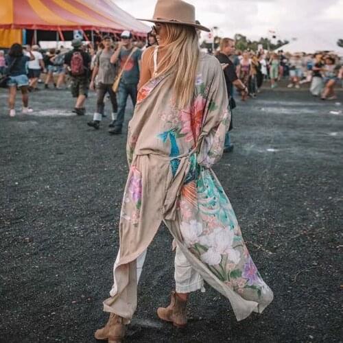 Kimono sleeve robe Kaftan Khaki Floral print Boho cardigan sexy Side Slits Gypsy beach summer long women blouses blusas