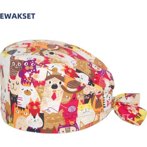 Colorful cat printing wholesale Scrub Cap with Sweatband Men Women Section pet grooming nursing work hats surgical hats women