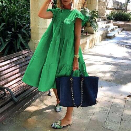 Summer Retro Pleated Solid Dress Women Casual O-Neck Butterfly Sleeve Loose Dress Ladies Beach Sundress Midi Robe Holiday Dress