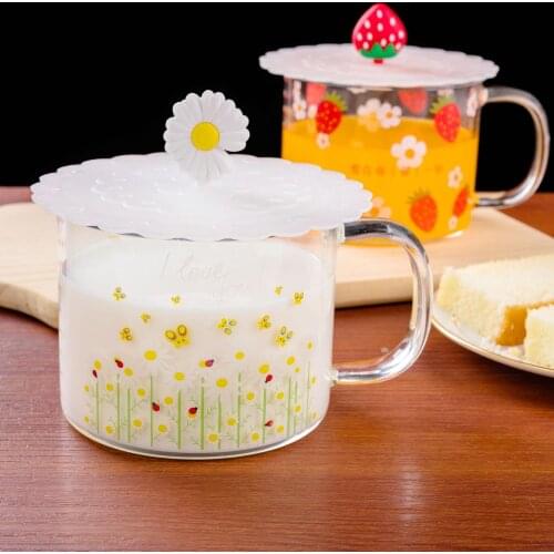 550ml Cute Single Wall Glass Mug Cup with Plastic Lid Strawberry Daisy Printing Glasses for Juice Milk Water