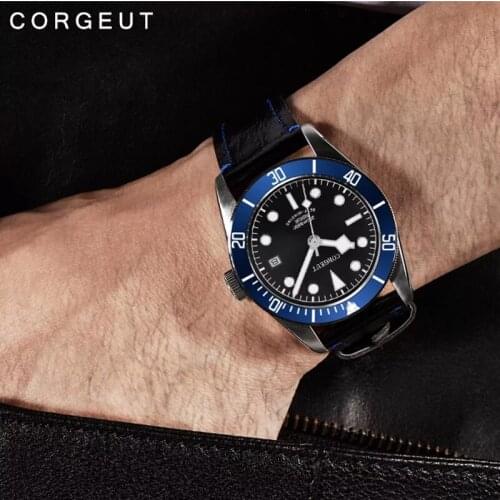 41MM Corgeut Japanese NH35 Miyota 8215 Movement Automatic Mens Wristwatch Black Dial Sapphire Glass Leather Strap Alloy Bezel