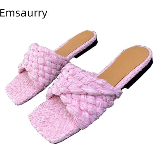 Weave Cane Braided Lazyman Mules For Girls Lady Flat Heel Square Open Toe Knitted Summer Outwear Slippers Women